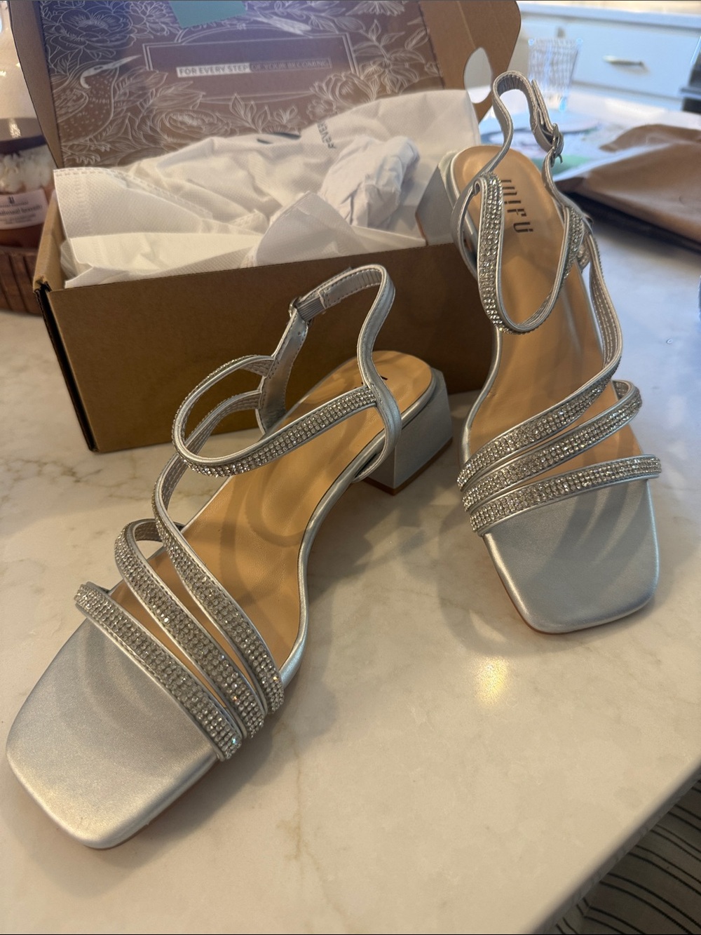Silver Rhinestone Strappy Block Heel Sandals
